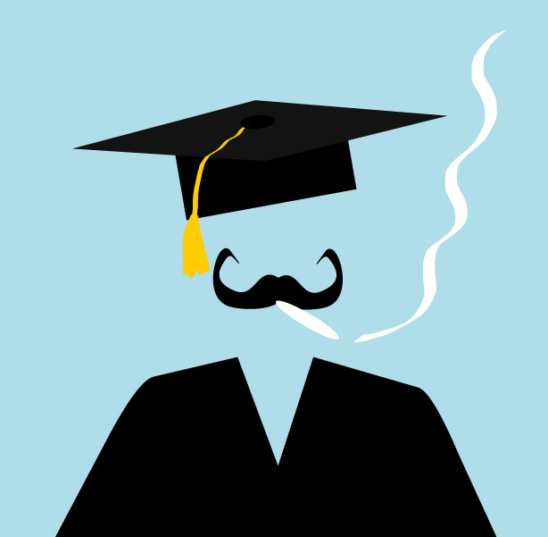 A graduate graphic smokes a joint.